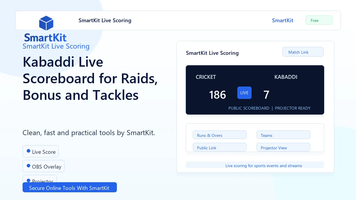 Kabaddi Live Scoreboard for Raids, Bonus and Tackles